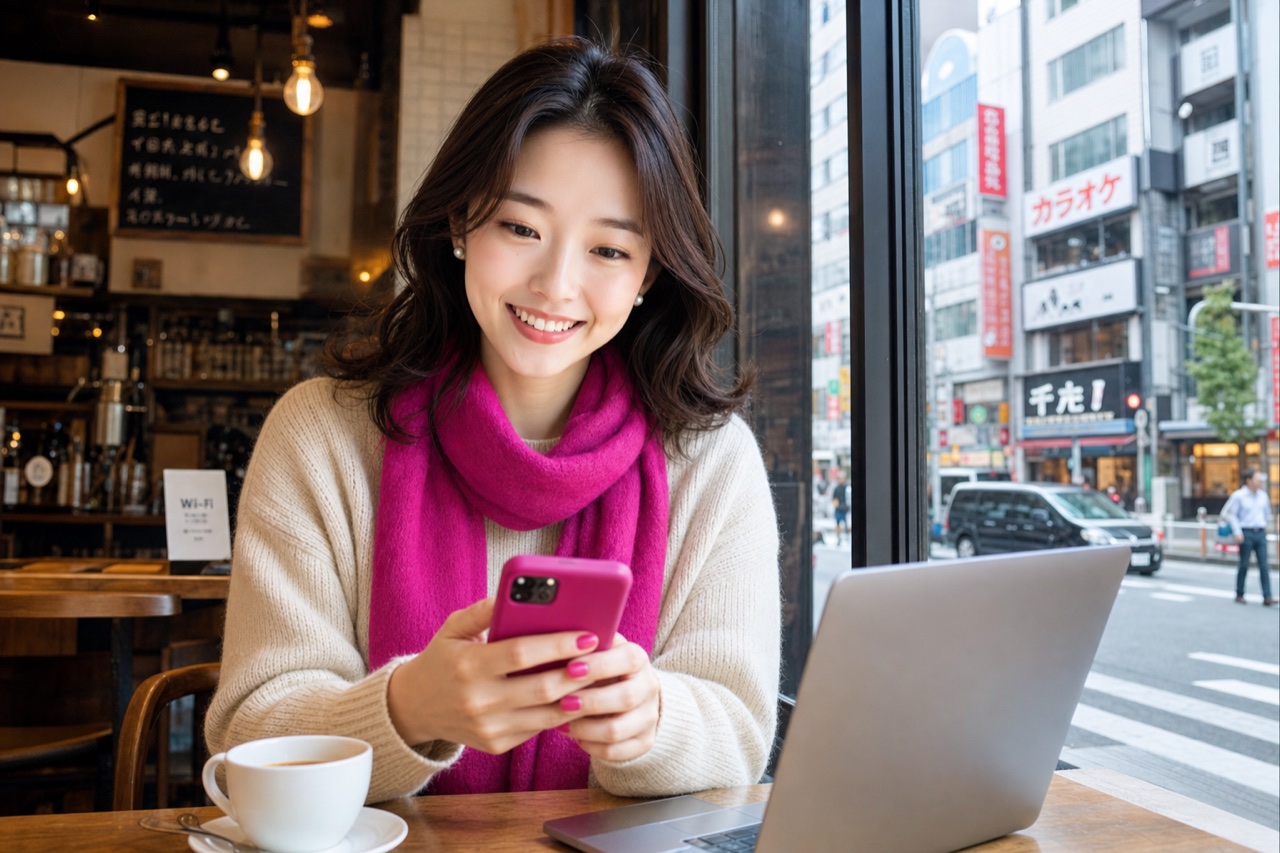 Miya, the GetConnectedJapan guide, holding a smartphone that displays a grid of colorful app icons