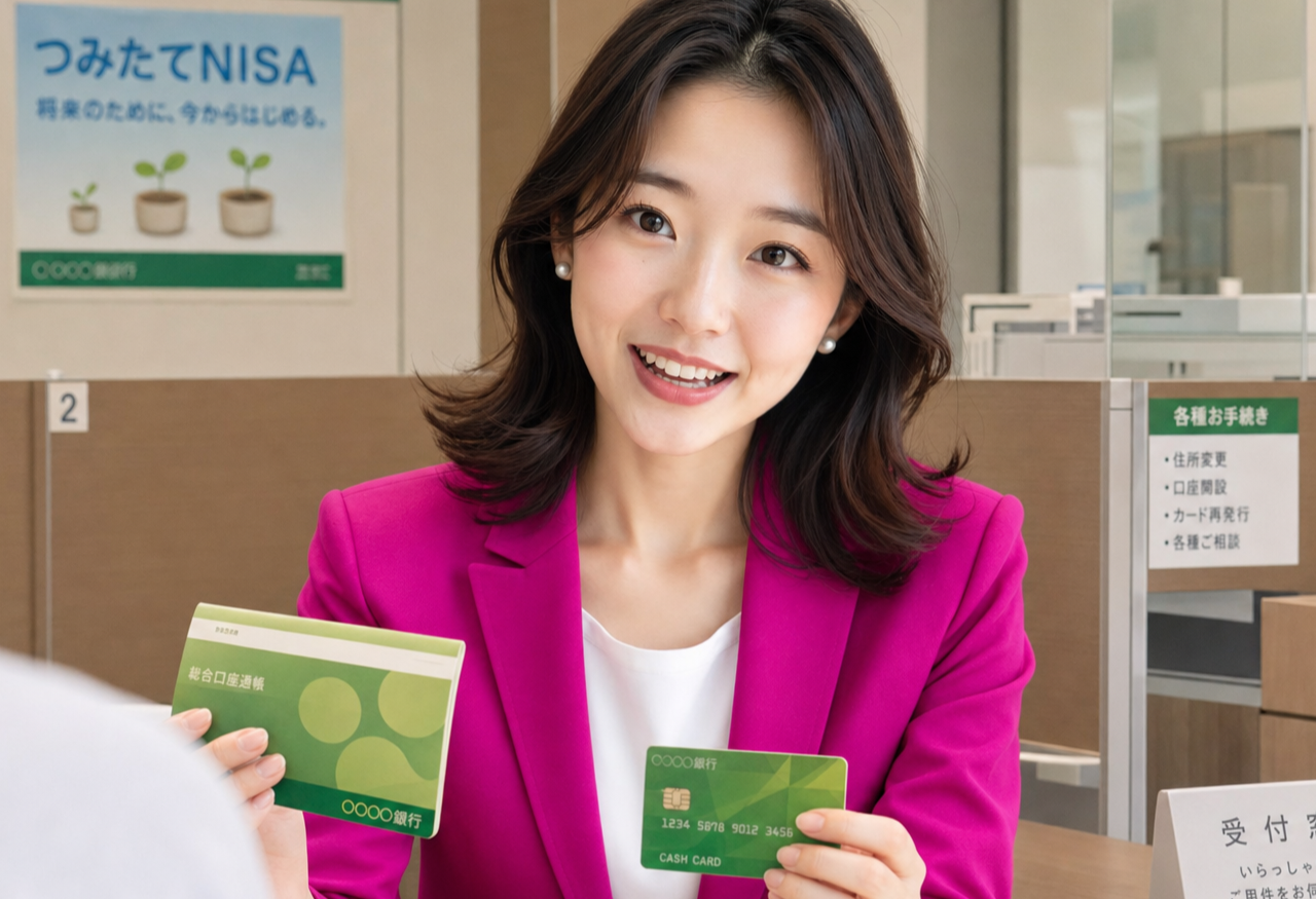 Miya, the GetConnectedJapan guide, smiling in a bright Japanese bank branch.