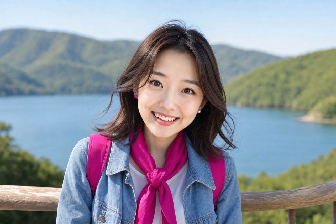 Miya, the GetConnectedJapan guide, at a scenic lakeside viewpoint with forested mountains.