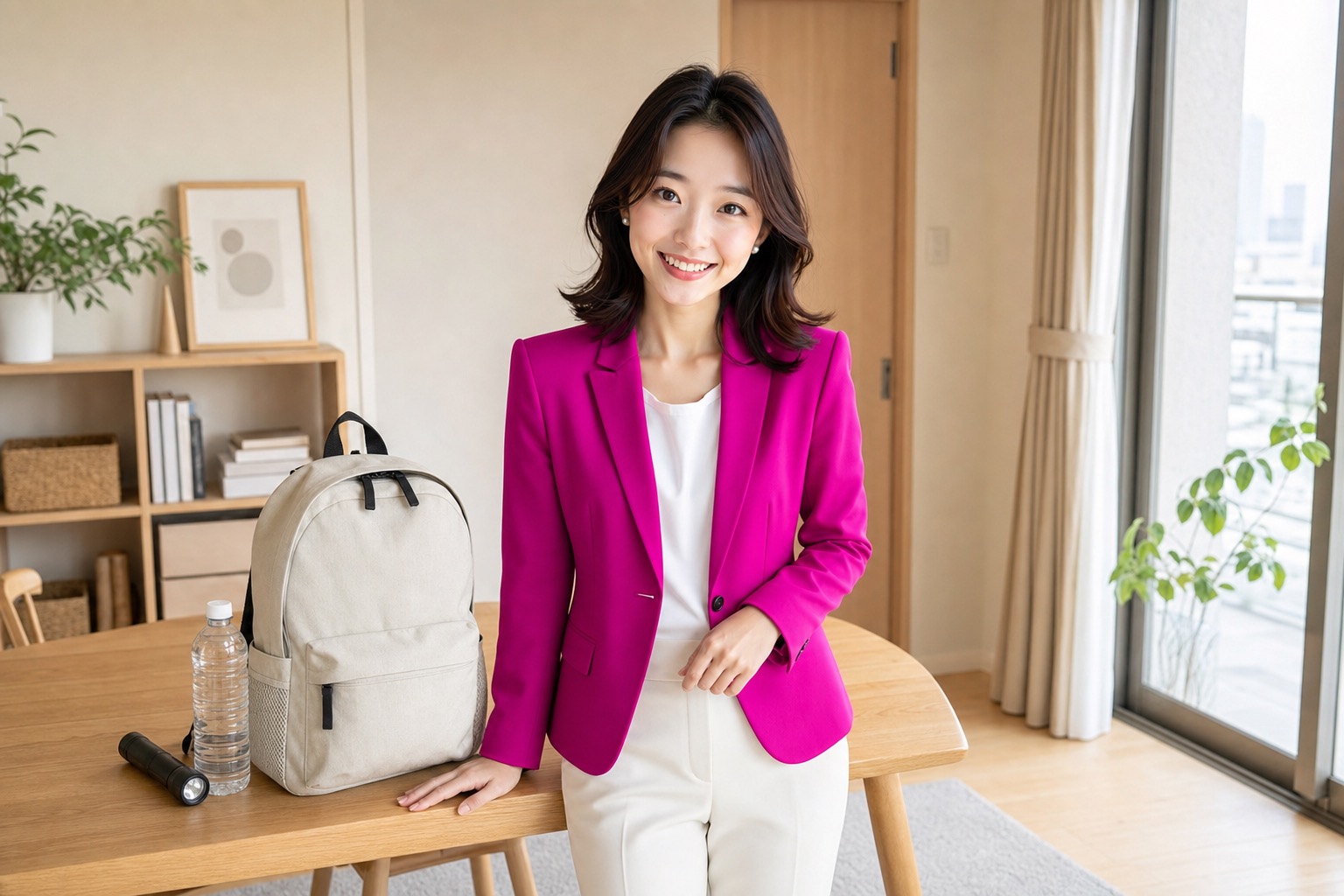 Miya, the GetConnectedJapan guide, standing calmly beside a small emergency go-bag with a water bottle and flashlight on the table in a bright, tidy home.