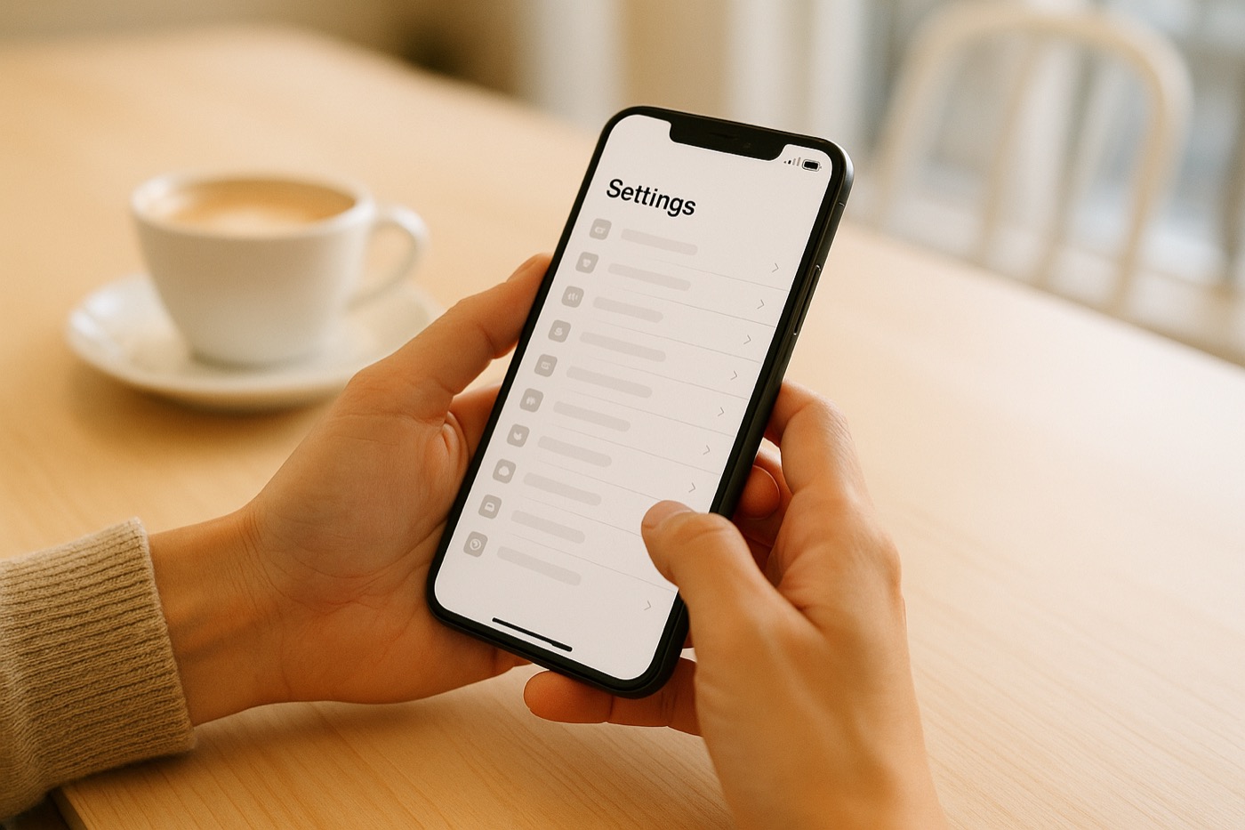Two hands holding a smartphone showing a mobile settings screen with signal bars, at a bright cafe table.