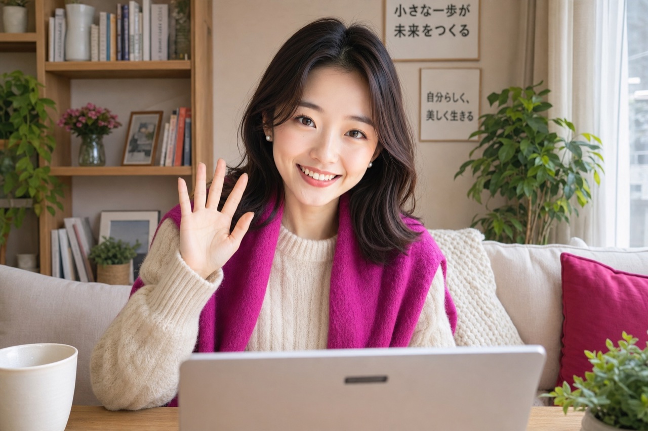 Miya, the GetConnectedJapan guide, waving during a video call on a laptop at home.