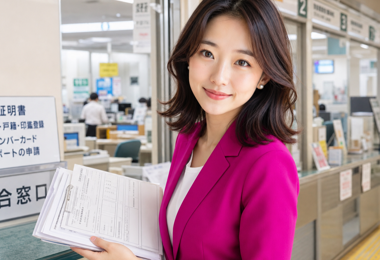 Miya standing at a public service counter holding a folder of documents, explaining calmly in a tidy bright office.