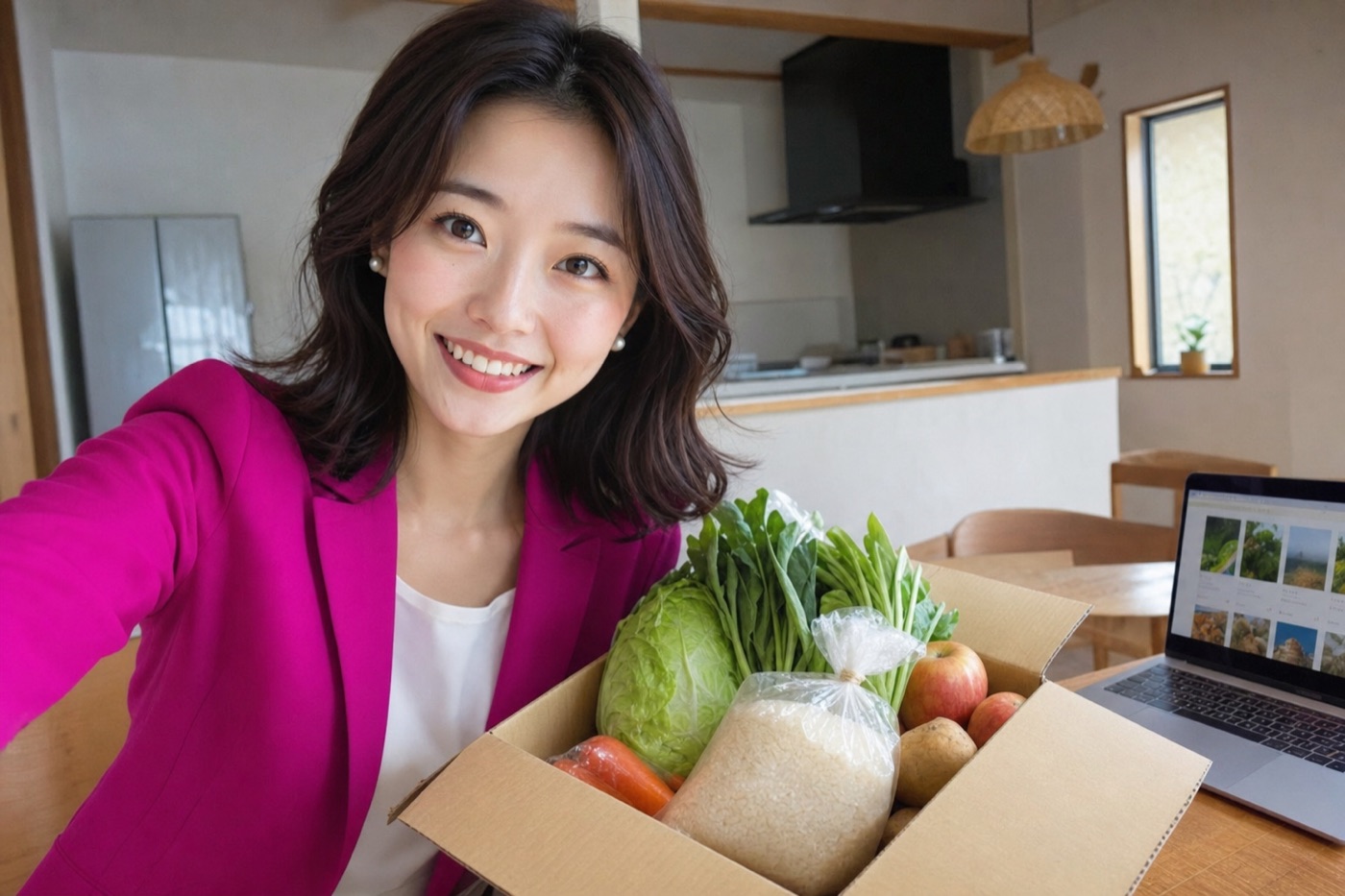 Miya holding a cardboard box of vegetables and rice, a furusato nozei thank-you gift, with a donation portal on the laptop.