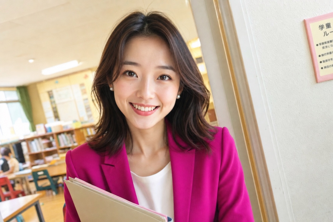 Miya, the GetConnectedJapan guide, smiling warmly in a bright, sunlit classroom with colorful children's drawings and a small chalkboard behind her.