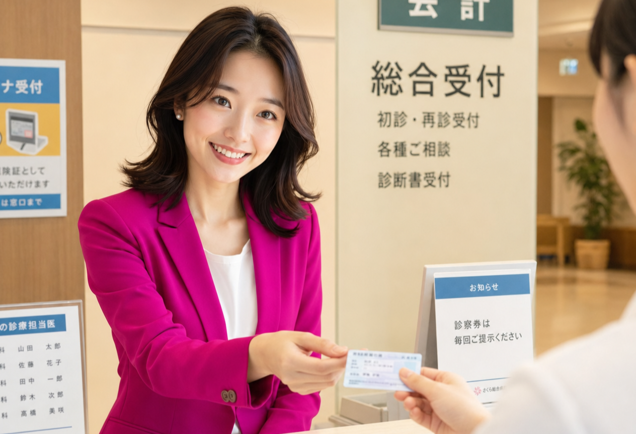Miya standing at the reception counter of a Japanese clinic.