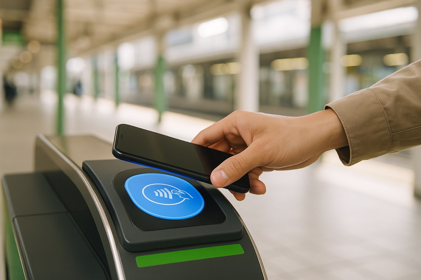 A hand tapping a smartphone against a train station fare-gate card reader in a bright Japanese station.