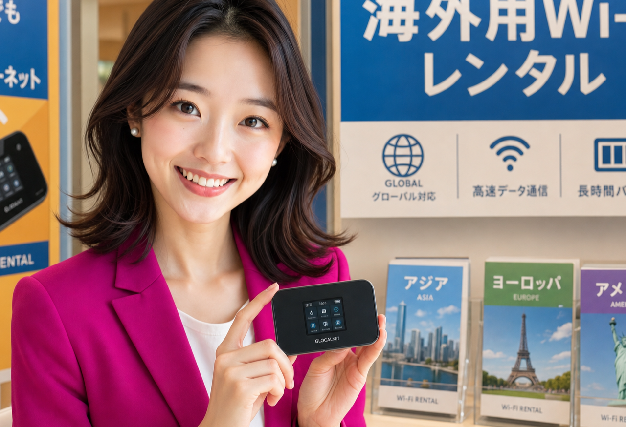 Miya holding a small black pocket Wi-Fi router in one hand and explaining it, at a bright cafe table.