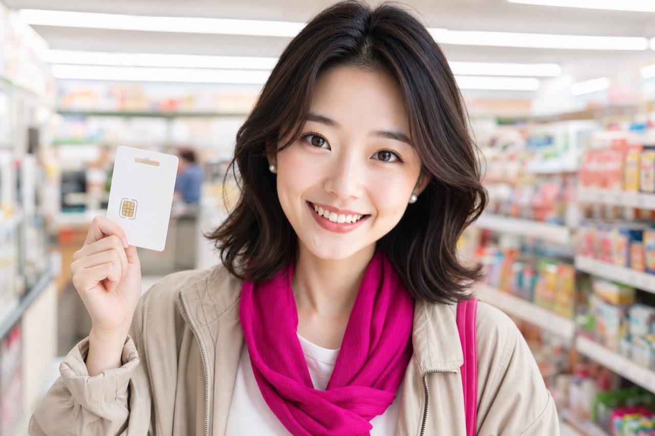 GetConnectedJapan のガイド、ミヤがコンビニで旅行用データSIMカードのパッケージを手にしている様子。