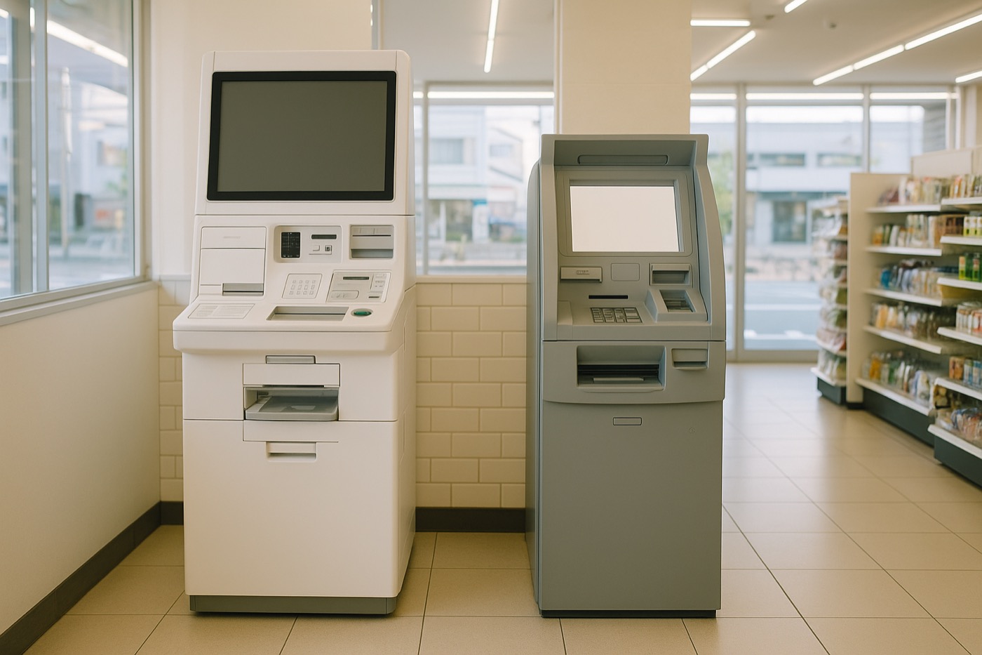 A self-service multifunction machine and an ATM inside a bright Japanese convenience store.