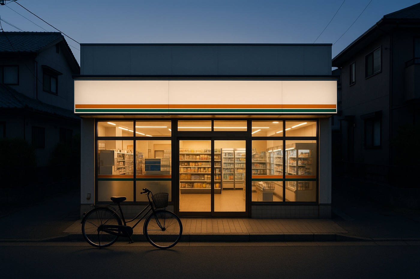 A generic Japanese convenience store glowing warmly at dusk on a quiet residential street.