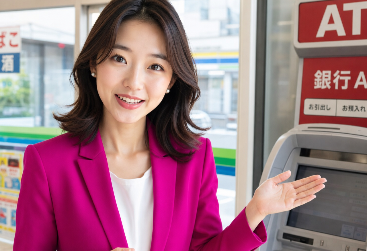 Miya standing beside a self-service ATM inside a bright Japanese convenience store.