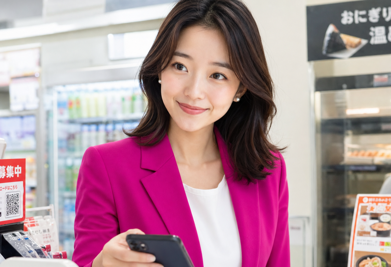Miya at a convenience-store counter holding her smartphone to pay, smiling.