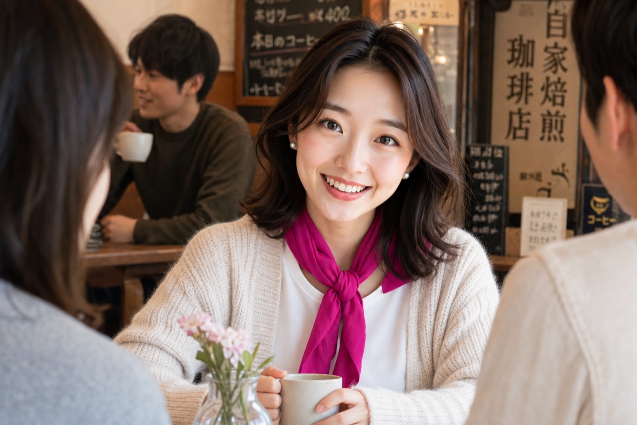 Miya, the GetConnectedJapan guide, chatting warmly with friends over coffee at a cozy cafe.