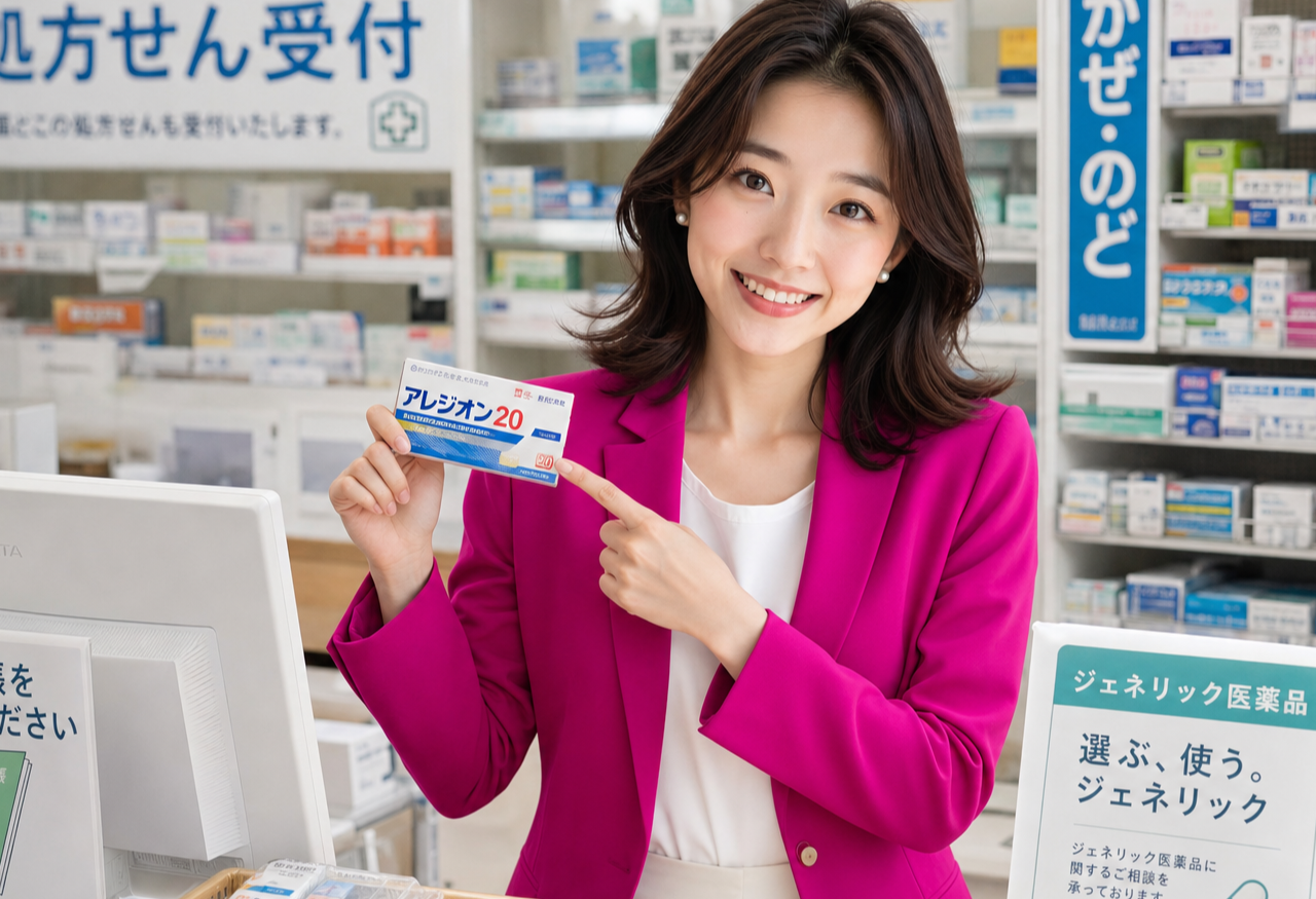 Miya the mascot standing in a Japanese drugstore aisle, looking at shelves of over-the-counter medicine and health products.