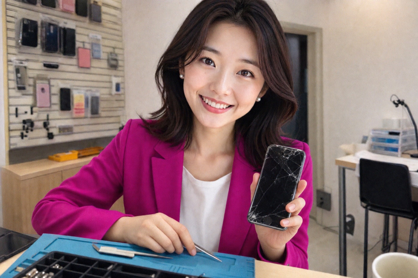 Miya at a phone repair counter holding a smartphone with a cracked screen, repair tools on the desk.