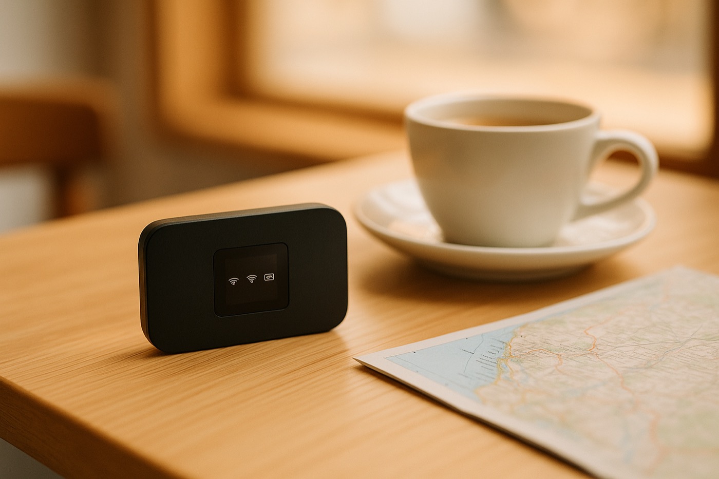 A small black pocket Wi-Fi router on a light-wood cafe table beside a coffee cup and a folded paper map.