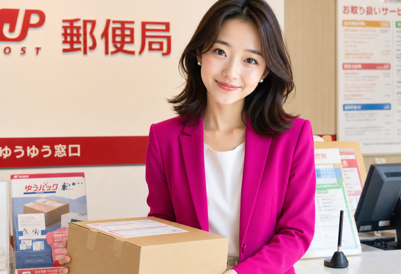 Miya standing at a Japanese post office parcel counter.