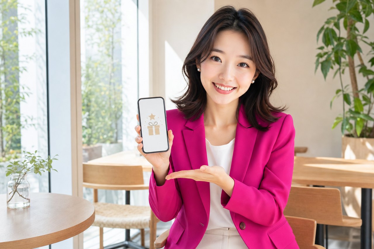 ミヤが明るいカフェでスマートフォンの特典画面を見せながら笑っている。