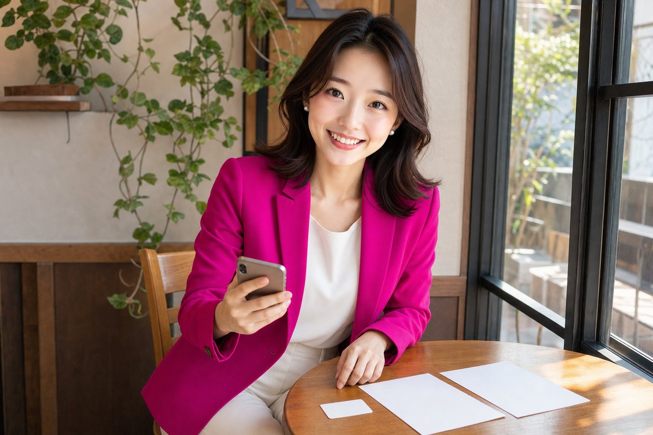 ミヤがテーブルに本人確認書類を用意し、スマートフォンで申し込みを始めようとしている。