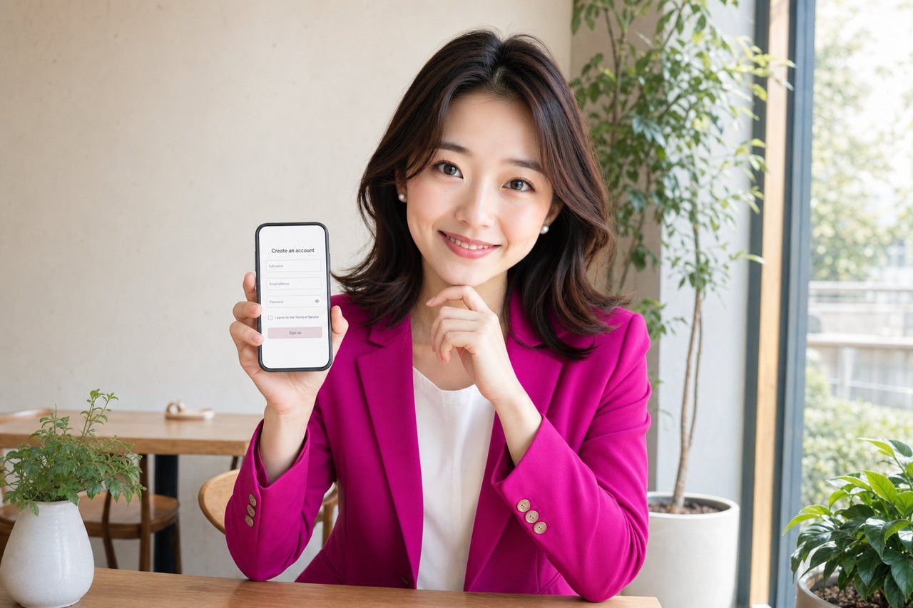 ミヤが明るいカフェでスマートフォンの登録画面を見せながら考えている。