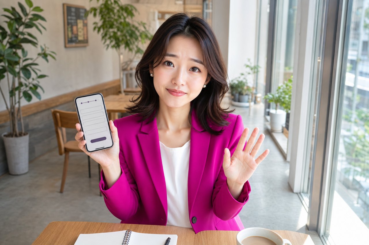 ミヤがスマートフォンを見ながら、少し心配そうに注意を促している。