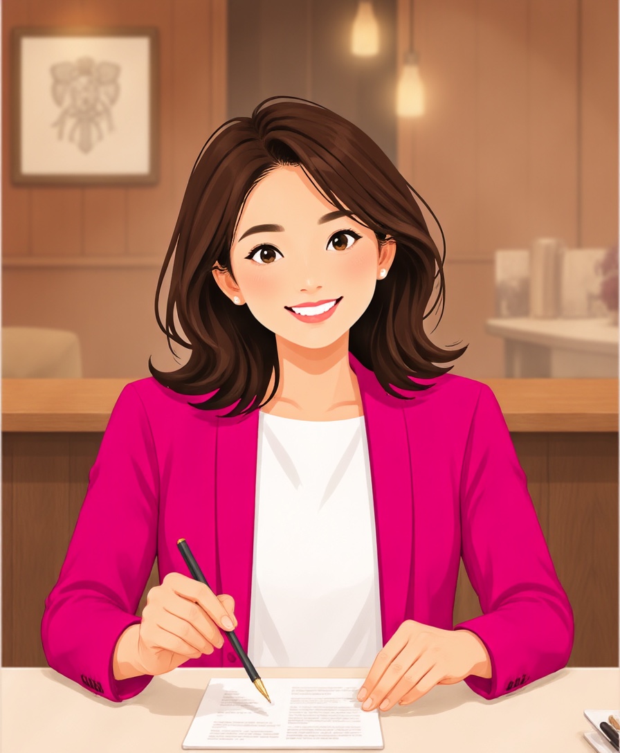 GetConnectedJapanのガイド・ミヤが、温かい雰囲気のカフェの席でペンとノートを手に、おしゃべりを楽しみにするように微笑んでいる様子。