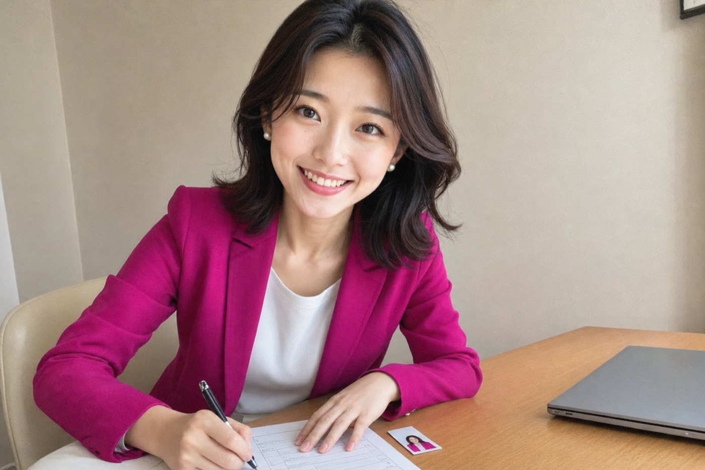 Miya sitting at a bright desk with a CV and job-change paperwork, smiling and giving an encouraging thumbs up
