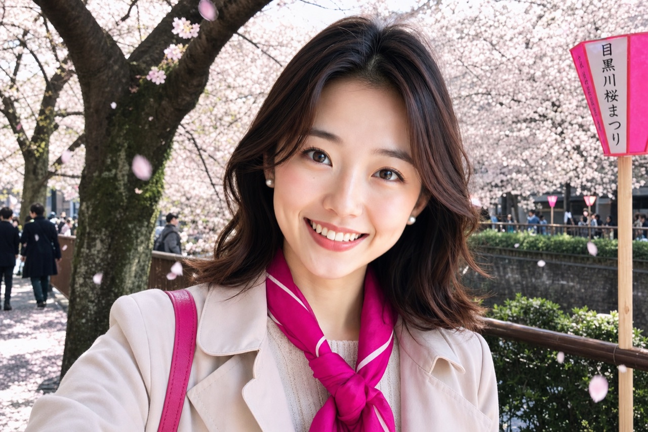 Miya, the GetConnectedJapan guide, standing under blooming cherry blossom trees in spring.