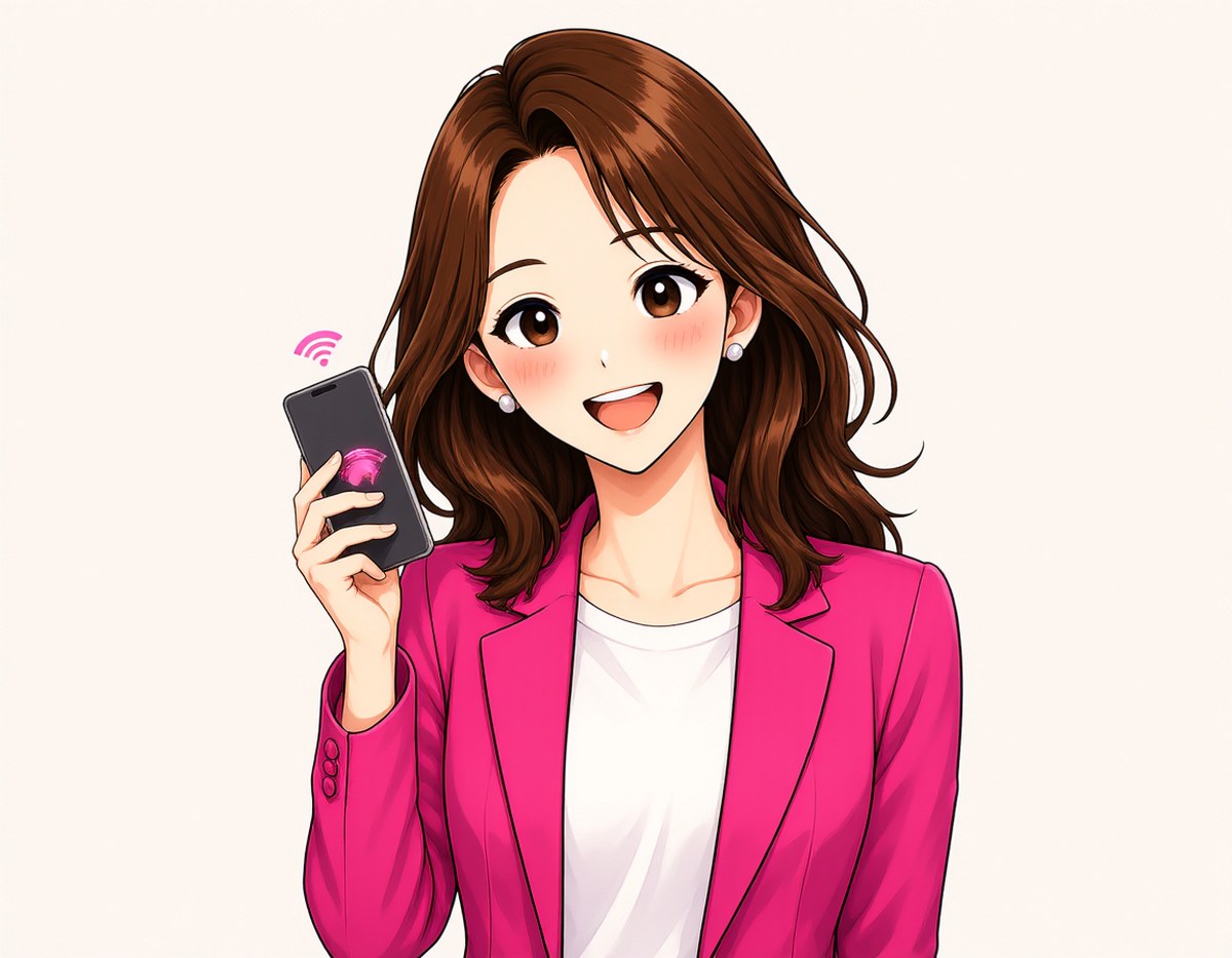 GetConnectedJapanのガイド、ミヤがあたたかく微笑み、スマートフォンを掲げて、日本に来たばかりの人を助けようとしている様子。