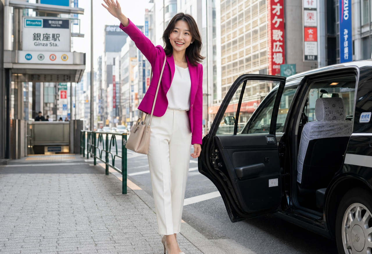 Miya standing beside a Japanese taxi on a city street, holding up her phone.