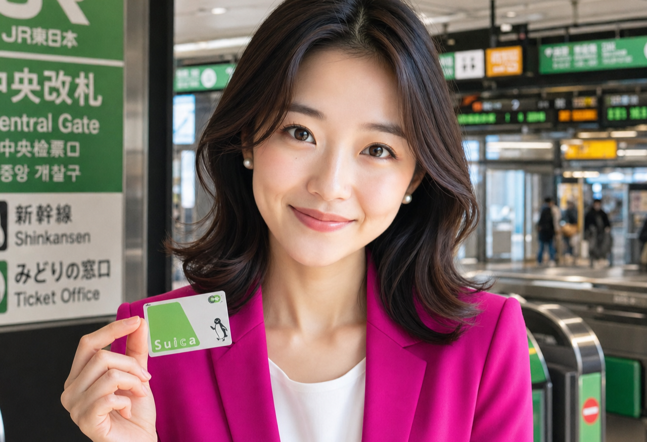 Miya holding up a rechargeable transit IC card and explaining it, standing beside a ticket machine in a bright station.